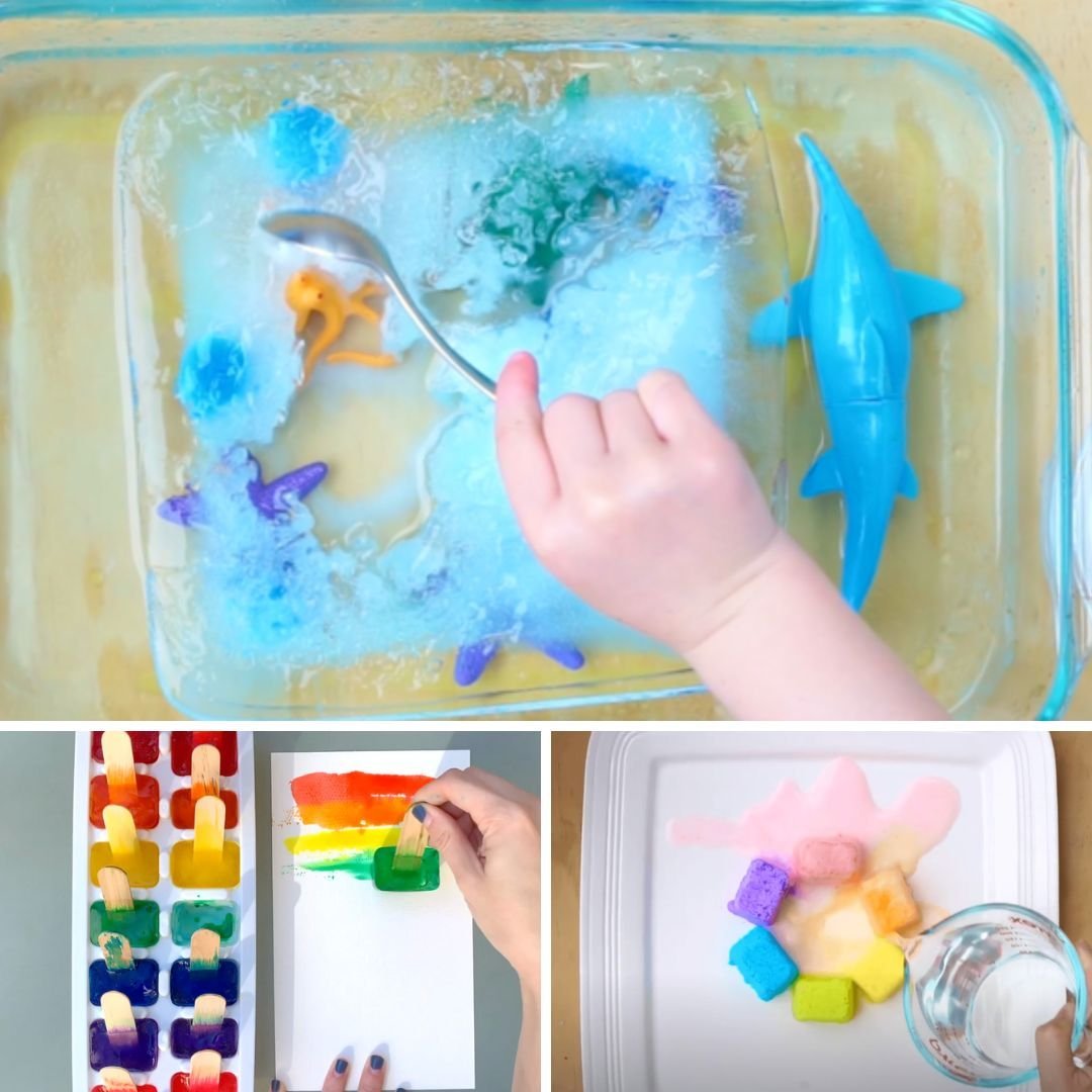 Child melting ice cubes during sensory play