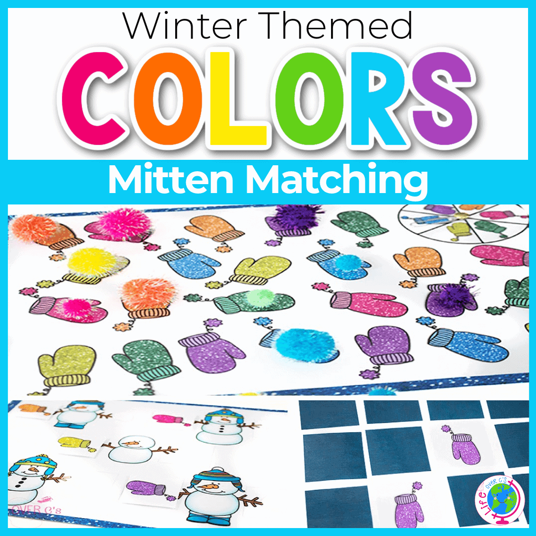 Colorful handmade paper mittens arranged for preschool matching games and winter learning activities