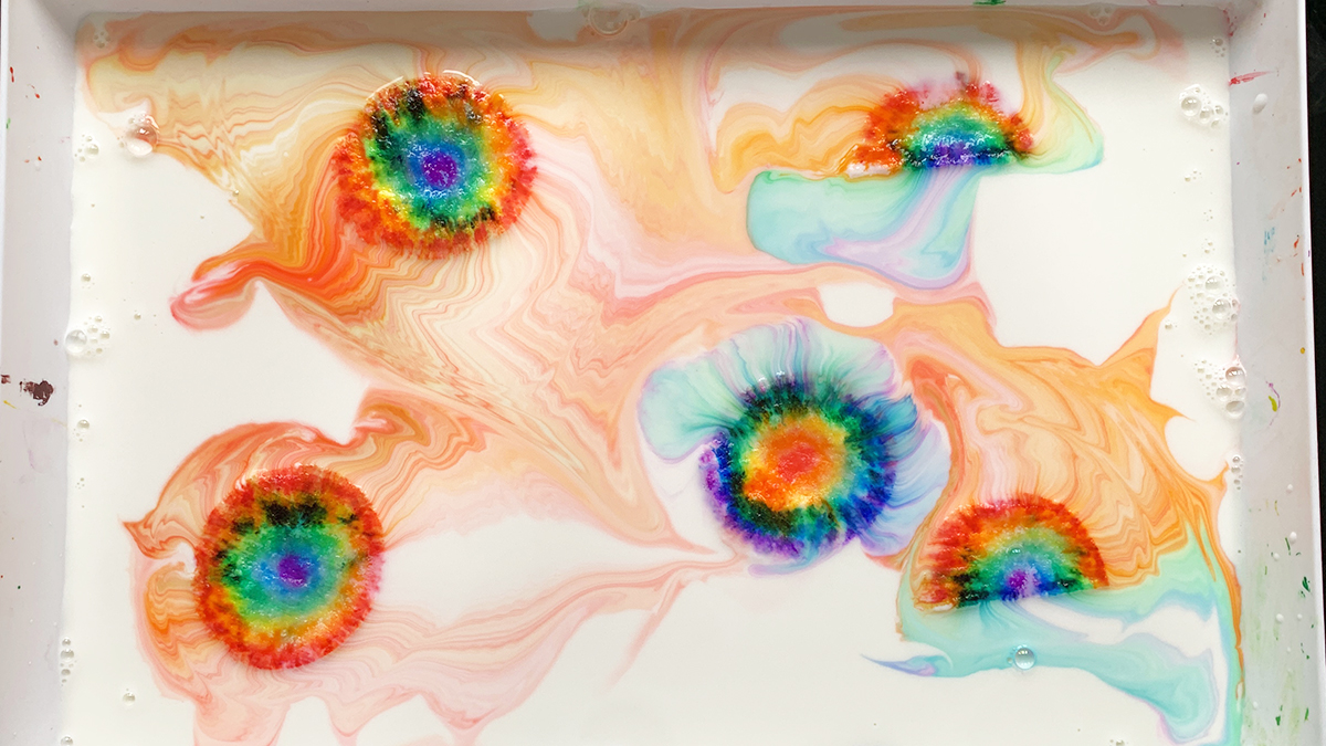 Rainbow milk color swirls experiment showing vibrant colors in milk