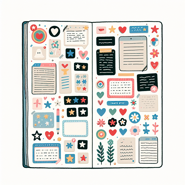 decorated scrapbook page with stickers and notes