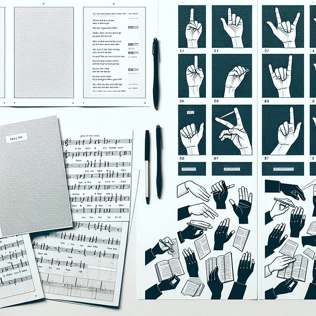 assembling pages with lyrics and sign language illustrations