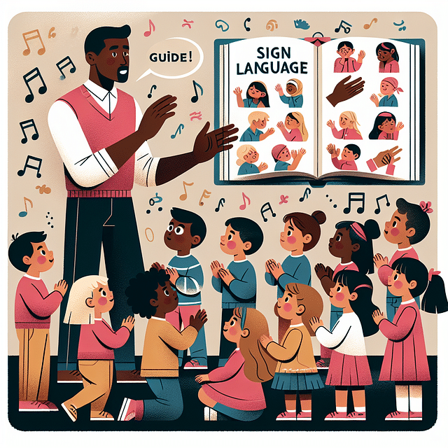 teacher showing sign language songbook to preschool children