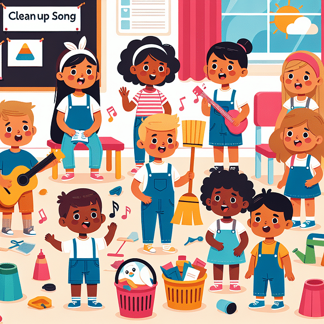 preschool children singing and signing a cleanup song