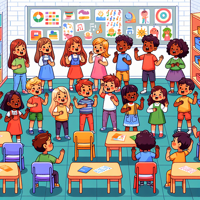 children singing and signing a welcome song in a preschool classroom