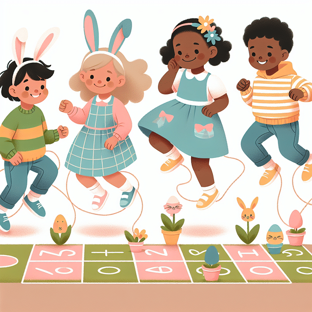 children doing bunny hops next to an Easter-themed hopscotch game