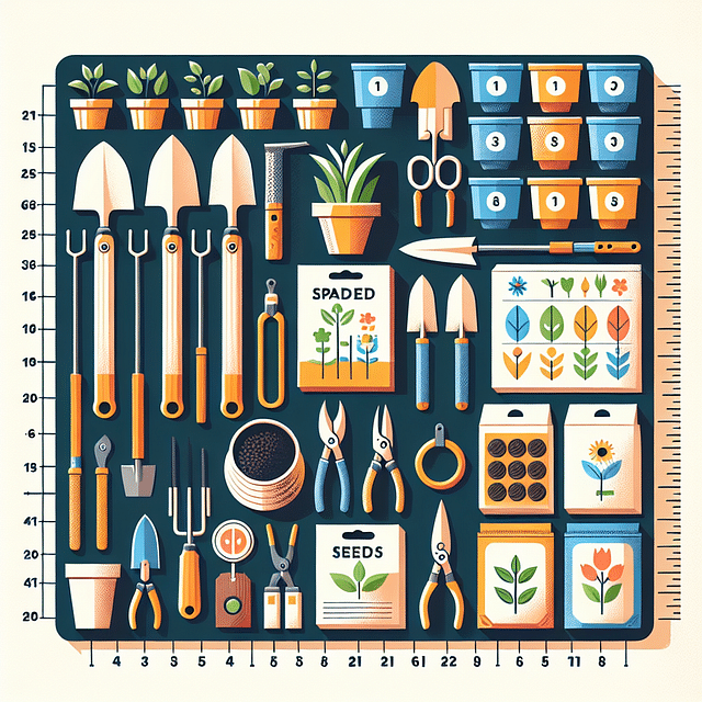 Gardening tools, pots, seeds, and numbered markers laid out on a table.