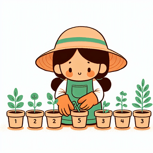 A child harvesting plants from their numbered pots, counting each part.