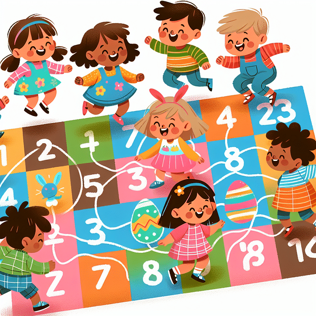 preschoolers playing Easter-themed hopscotch and counting