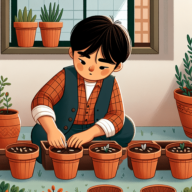 A child planting seeds in pots, counting each seed.