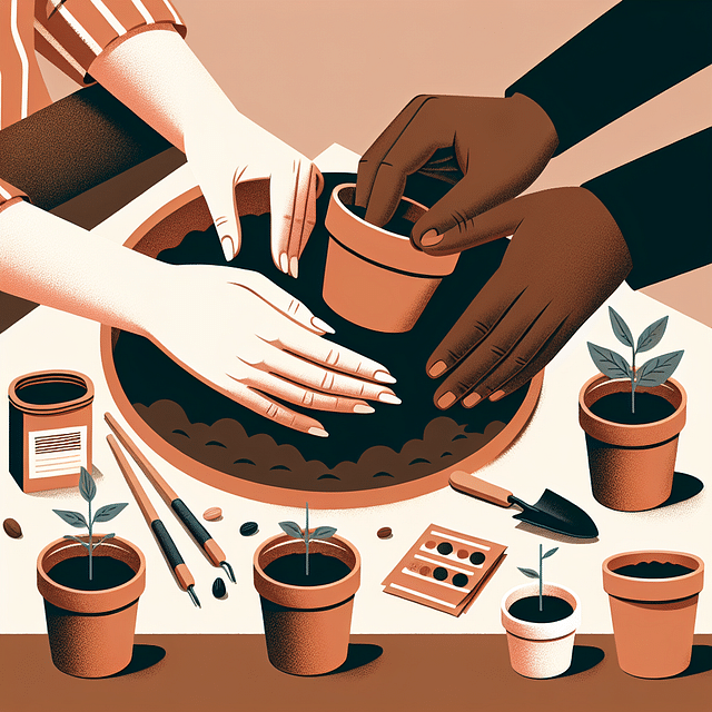 Hands filling small pots with soil, preparing for planting.