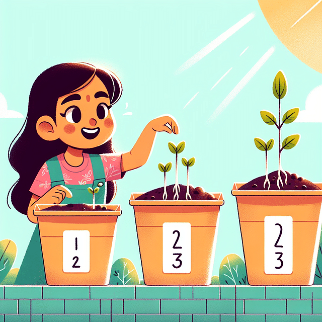 A child excitedly observing the growth of sprouting plants in numbered pots.