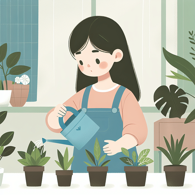 A child watering plants with a small watering can, taking care not to overwater.