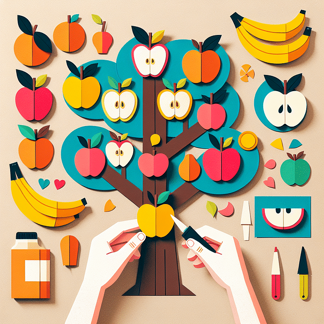 paper fruits being glued onto a craft tree