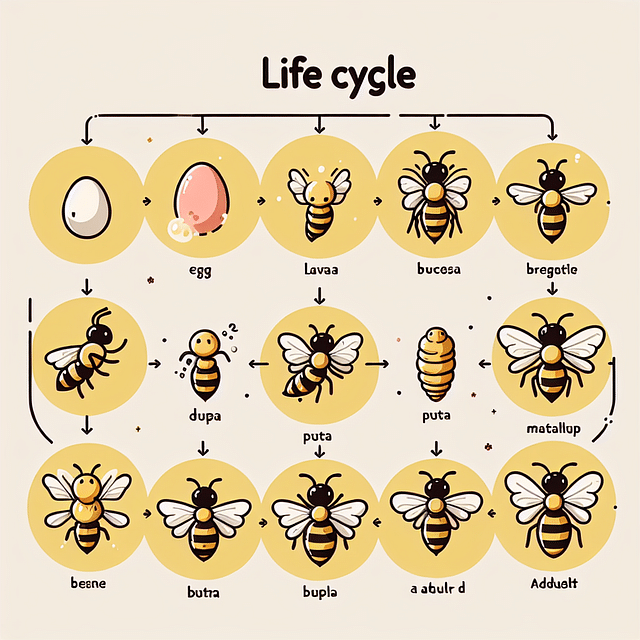 descriptions written under bee life cycle stages on a chart