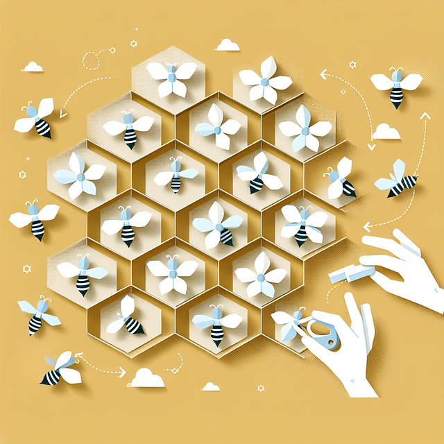 paper bees with white wings being added to a paper honeycomb
