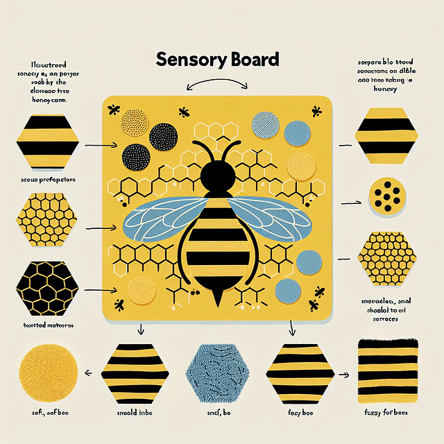 textured materials on a bee-themed sensory board