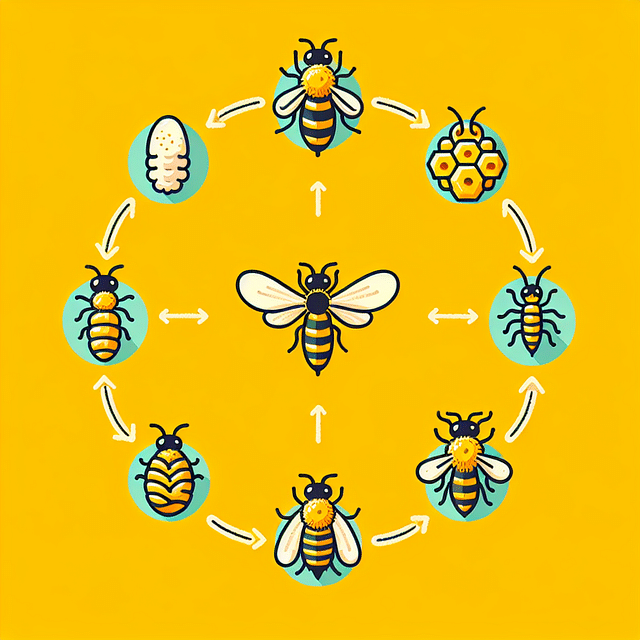 bee life cycle stages arranged in a circle on yellow background