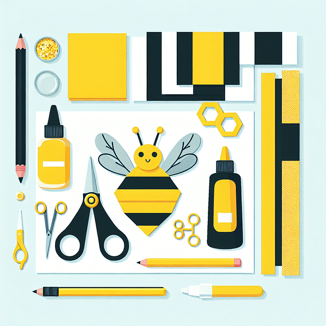 a collection of craft materials for a bee-themed project