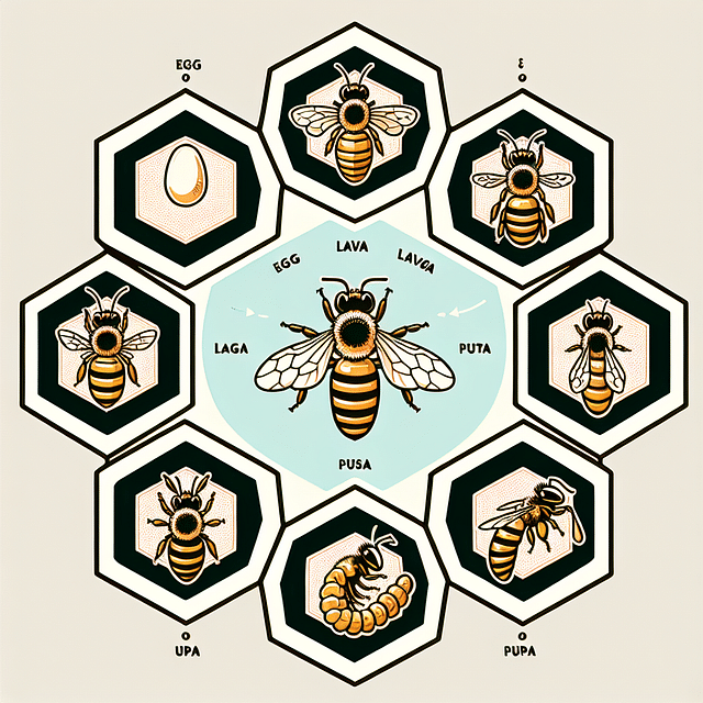 drawings of bee life cycle stages cut into hexagonal shapes