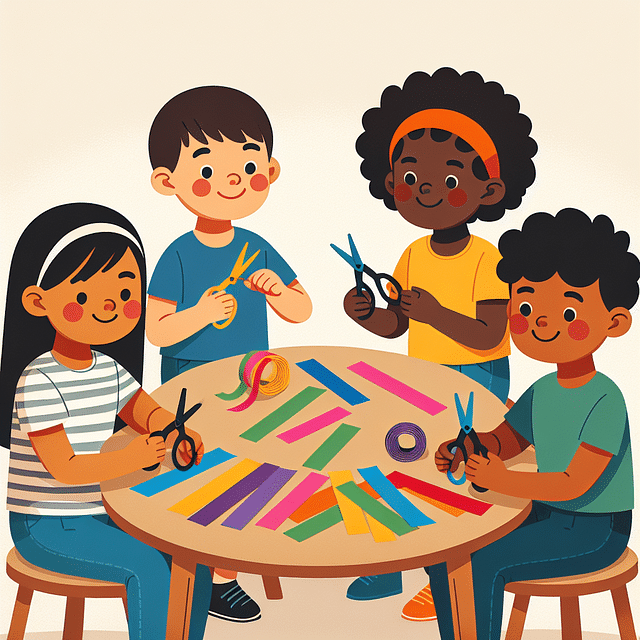 children cutting colorful paper strips with safety scissors