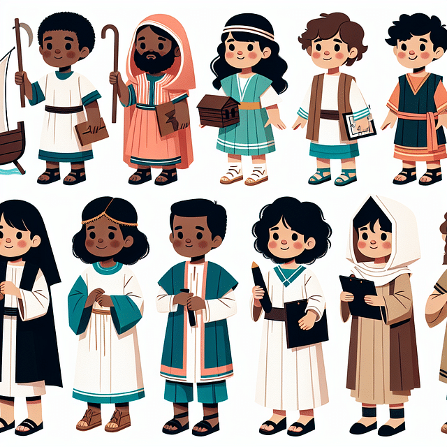 children in Bible story costumes holding props