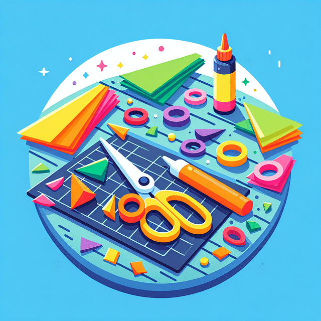 colorful construction paper, safety scissors, and glue on a table