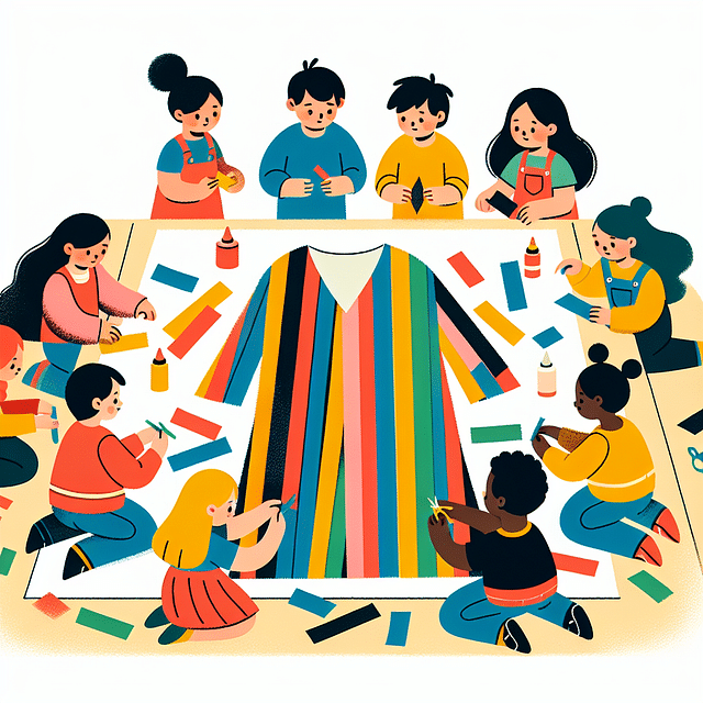 children gluing colorful strips onto a paper coat