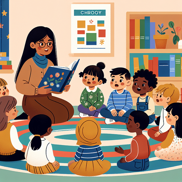 preschool teacher asking children questions during story time