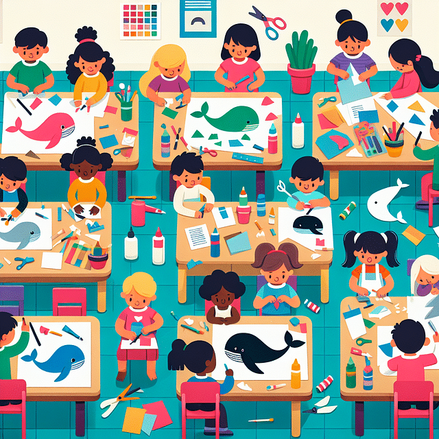 children making a whale craft in a classroom