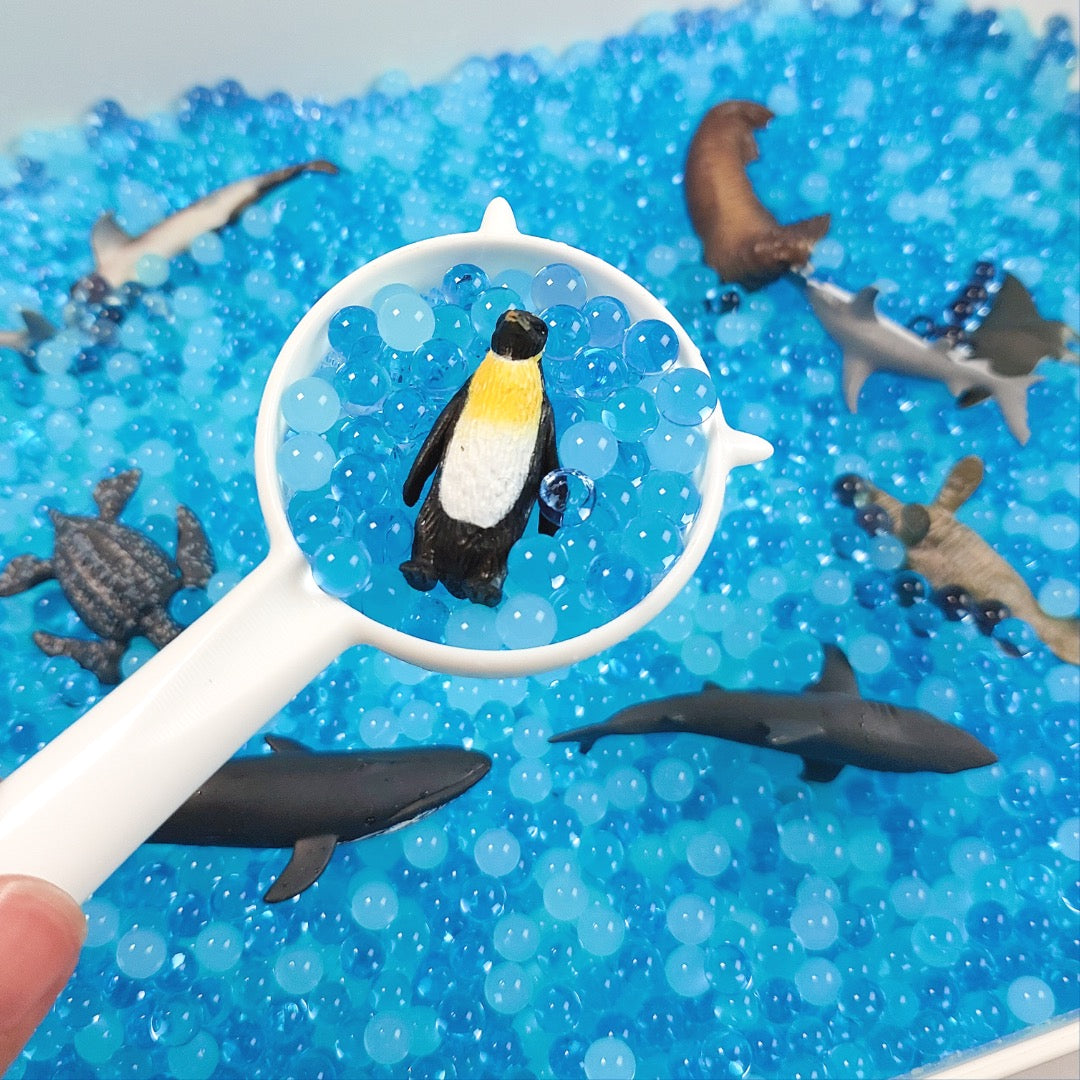 blue water beads for sensory bin