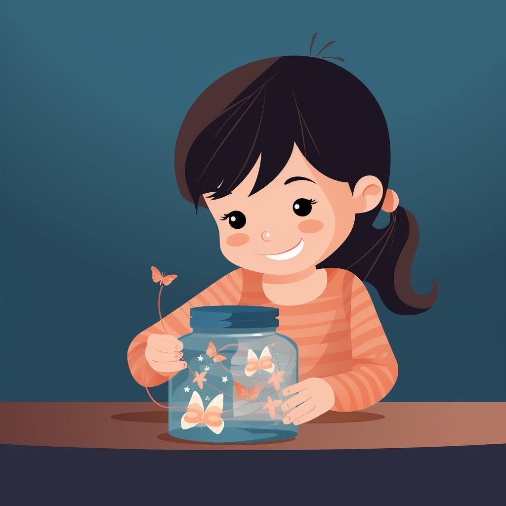 A child placing a folded paper strip into the decorated jar.