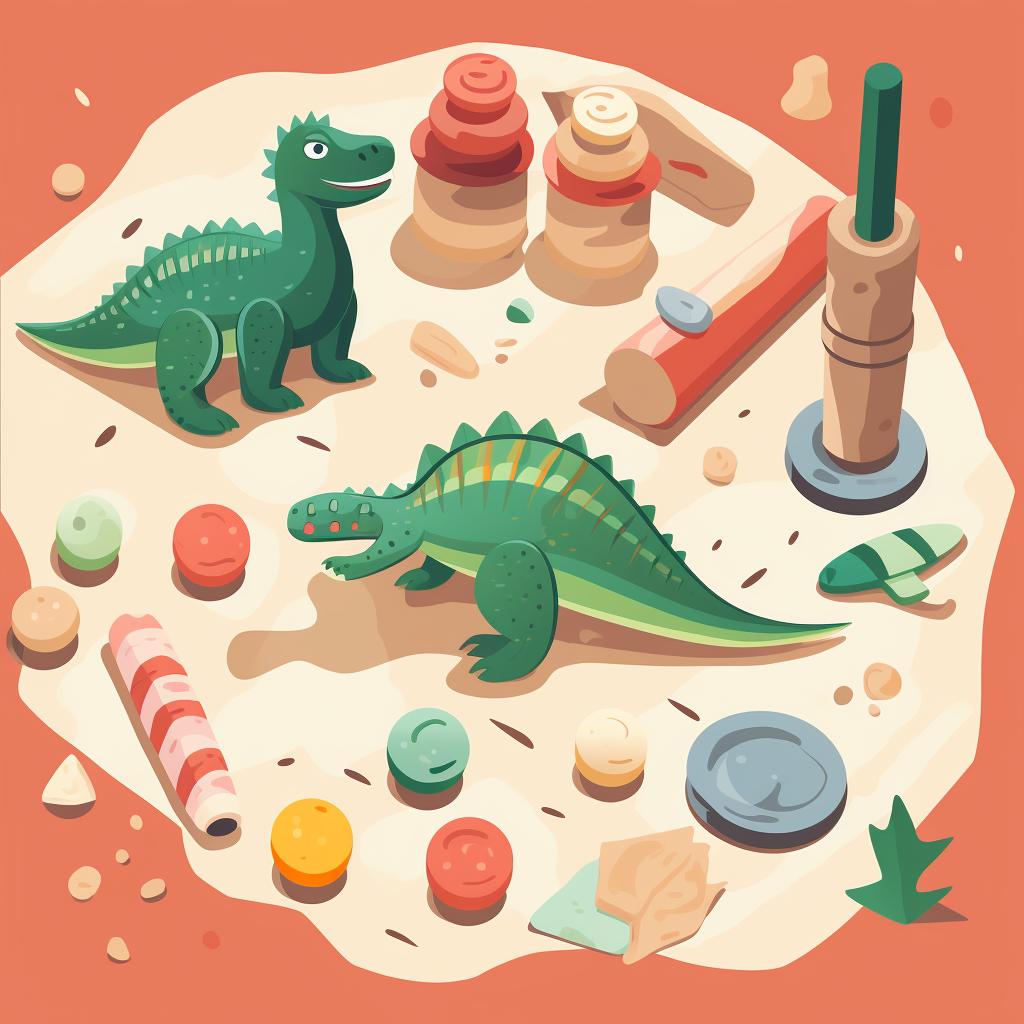 Materials laid out on a table: air-dry clay, small dinosaur toys, and a rolling pin.