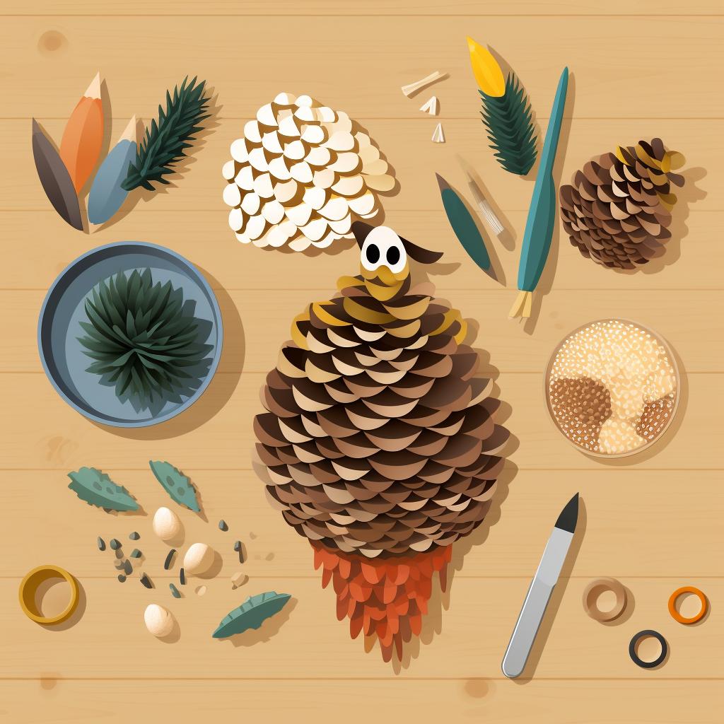 Materials for Pinecone Bird Feeder craft displayed on a table