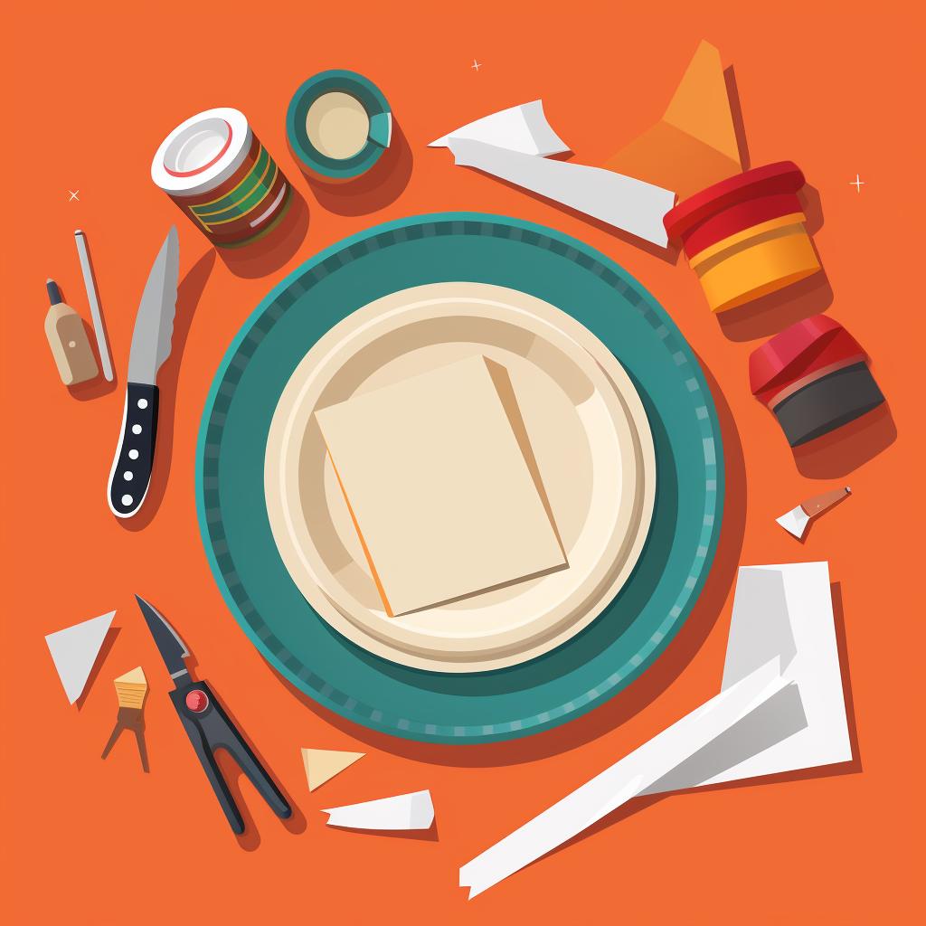 A paper plate, scissors, glue, and fall-colored construction paper spread out on a table.