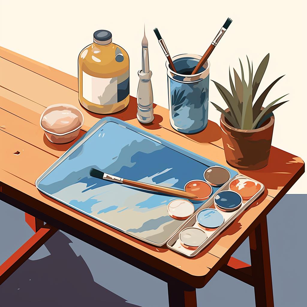 Painting materials spread out on a table