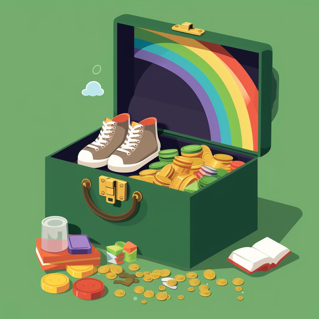 A shoebox surrounded by green paint, rainbow stickers, gold coins, and a glue bottle.