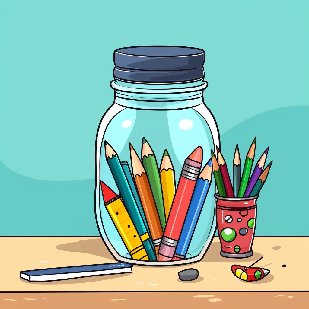 A clear jar, colorful paper, pens and markers, and stickers on a table.