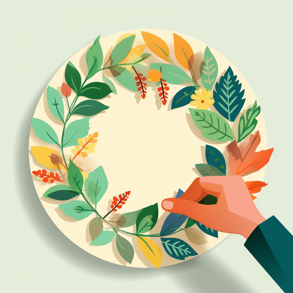 Leaves being glued onto the paper plate wreath.