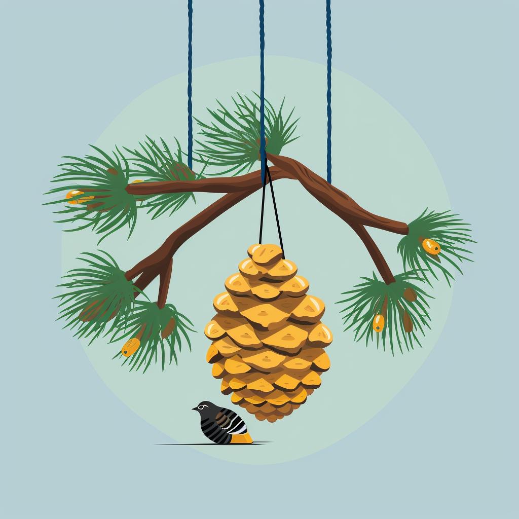 Pinecone Bird Feeder hanging from a tree branch