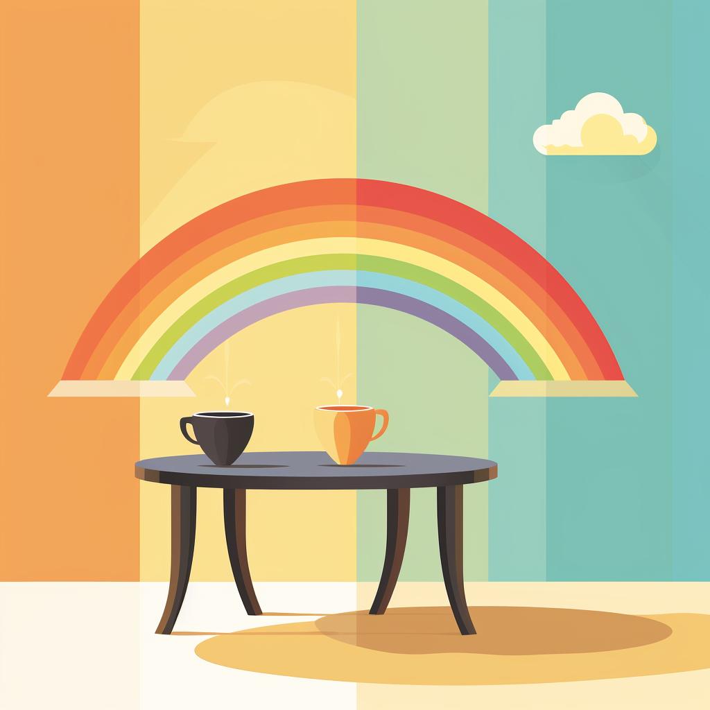 Painting of a rainbow with a pot of gold at the end, drying on a table