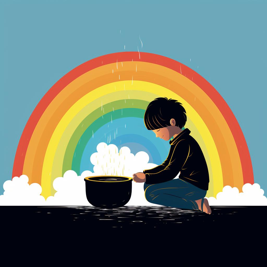 Child painting a black pot with gold at the end of a rainbow