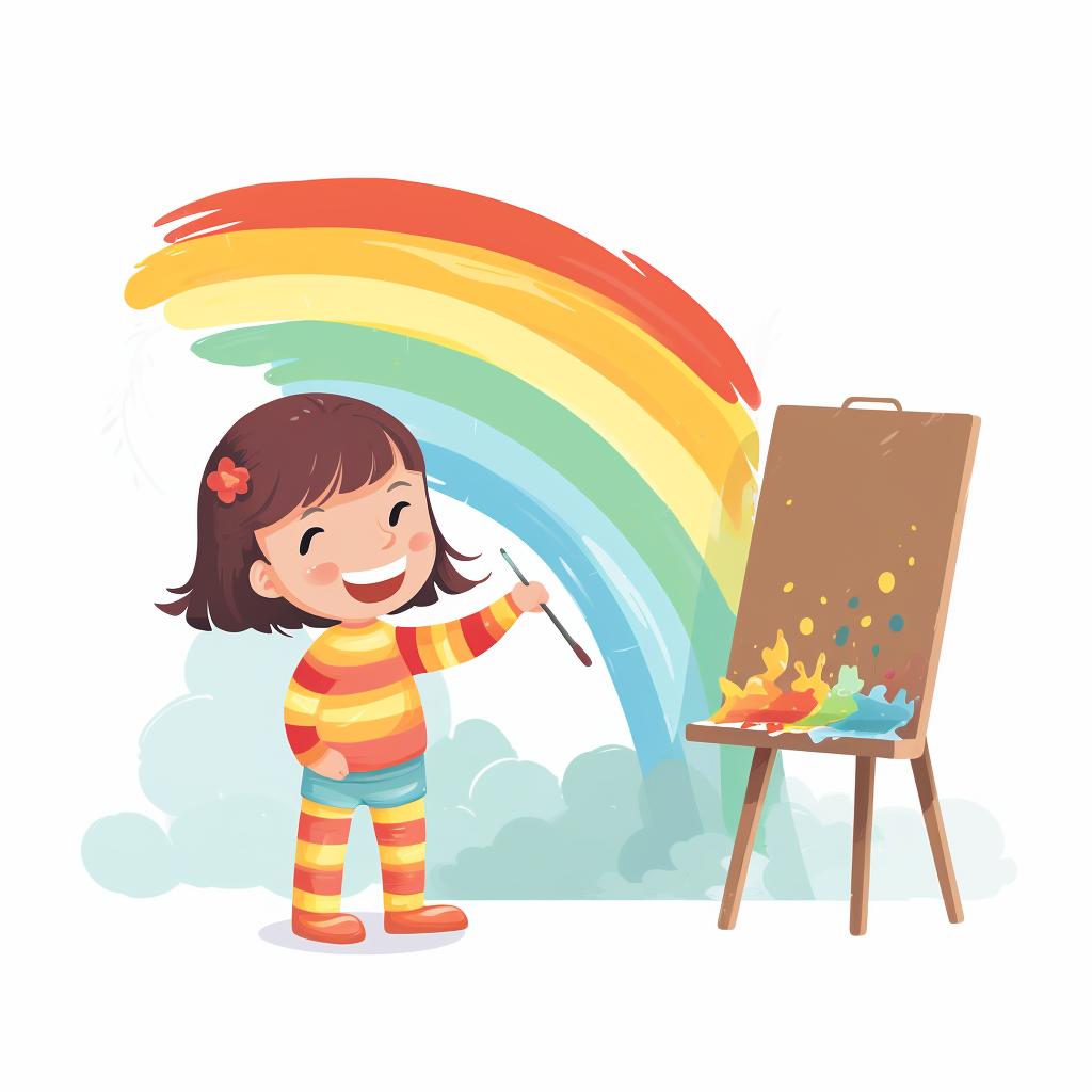 Child painting a rainbow on white paper