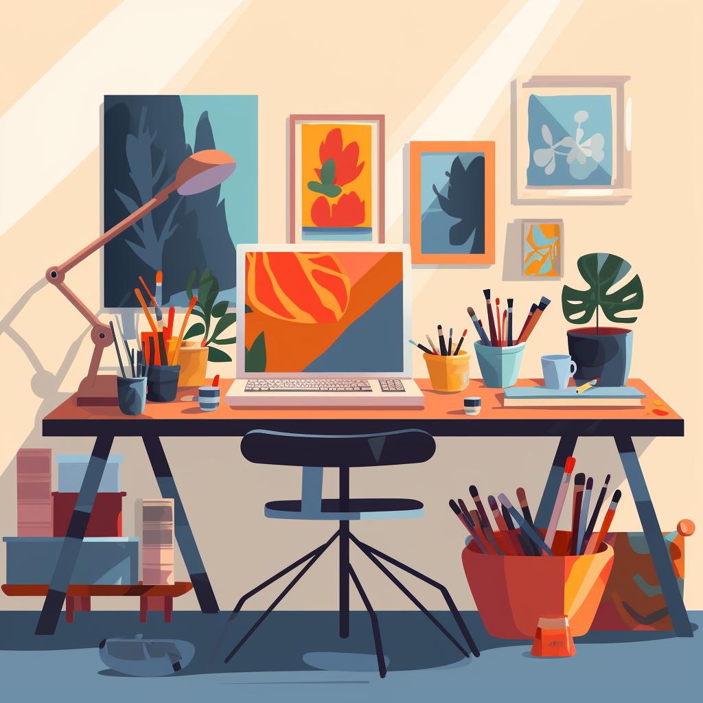 Covered workspace with painting materials