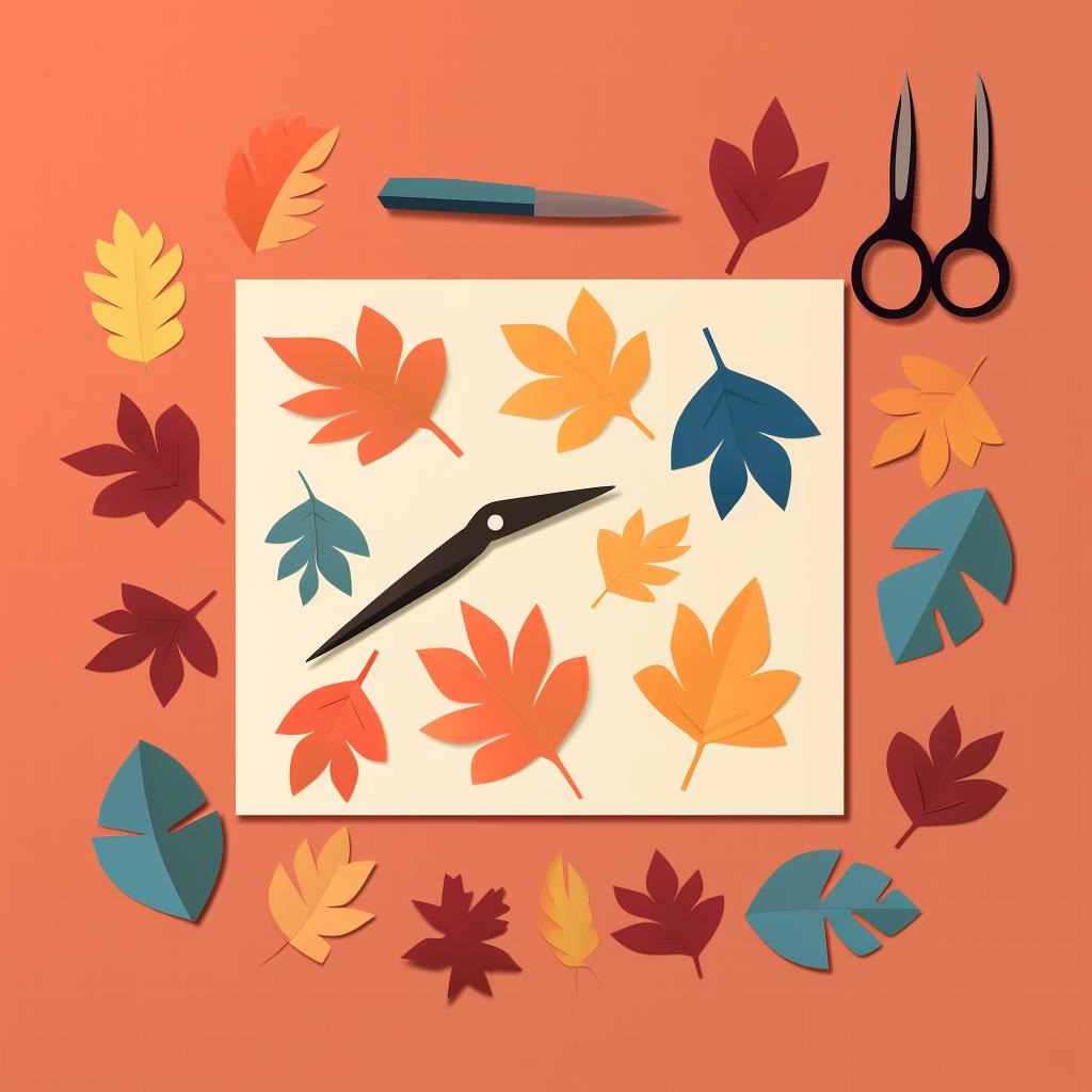 A collection of colorful fall leaves, a piece of construction paper, glue, and safety scissors laid out on a table.