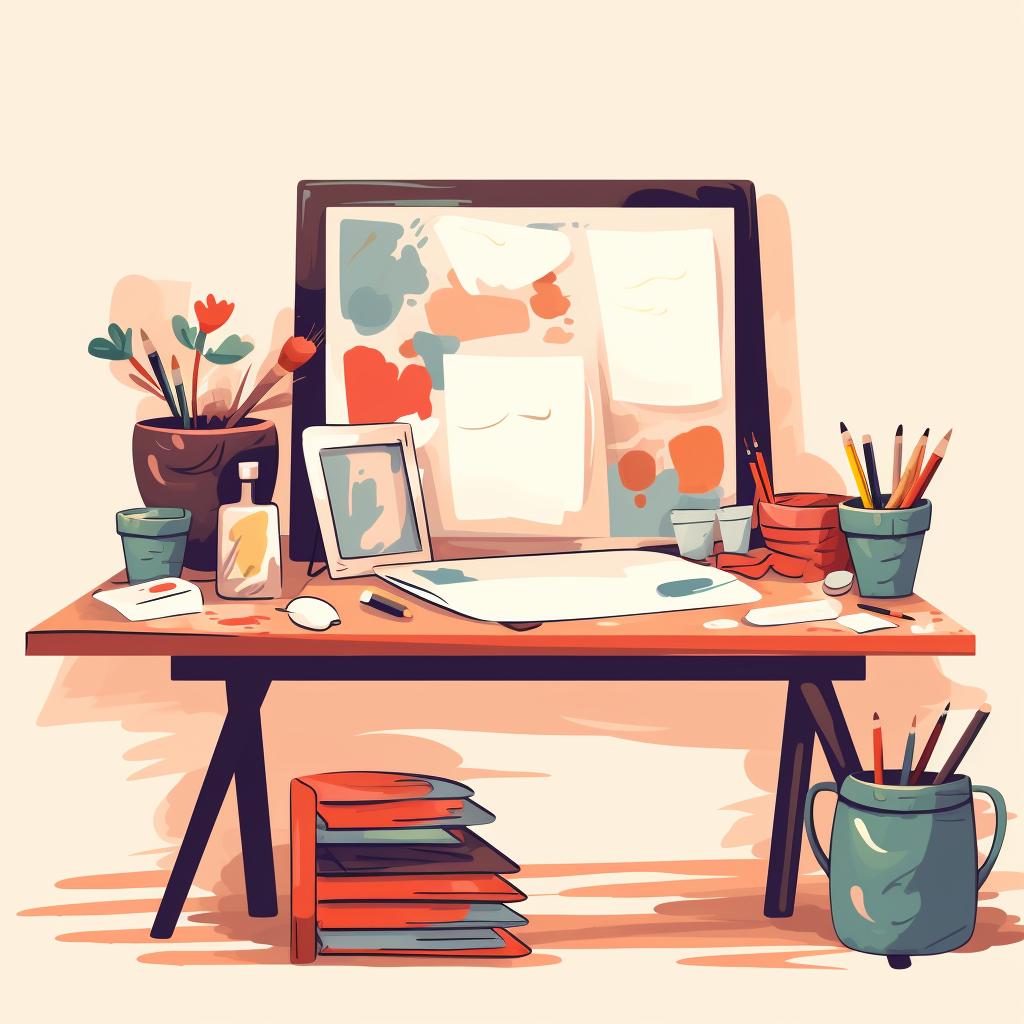 Prepared workspace with paper, paint, and brushes