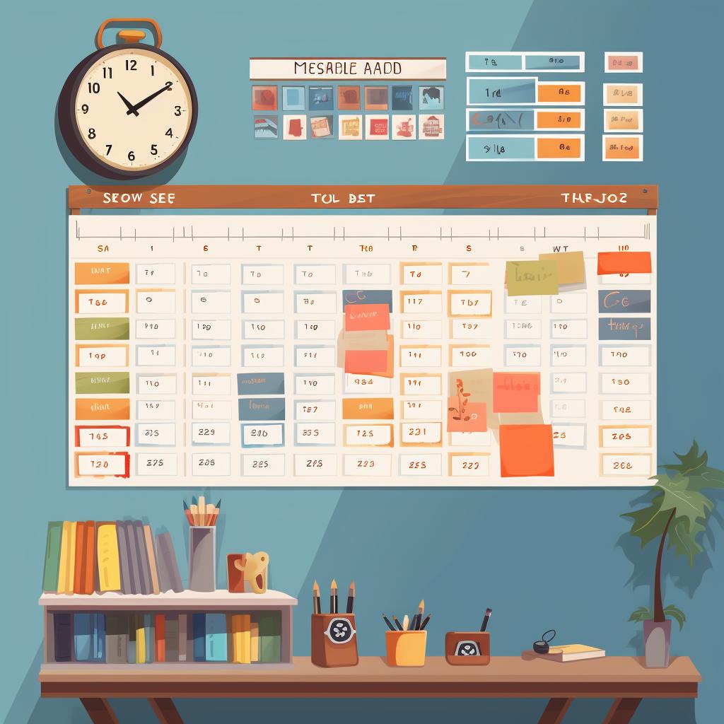 A colorful visual schedule displayed on a classroom wall.