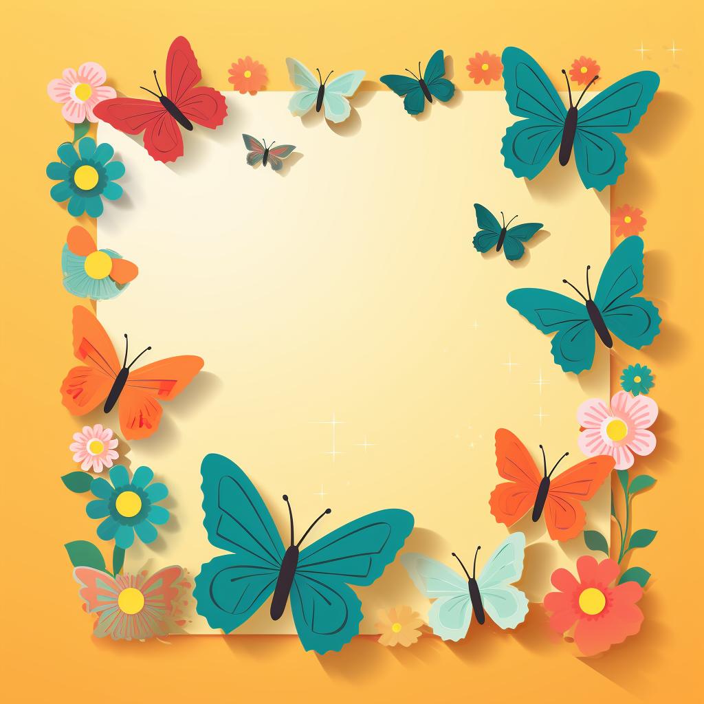 Bulletin board decorated with paper butterflies and a sun