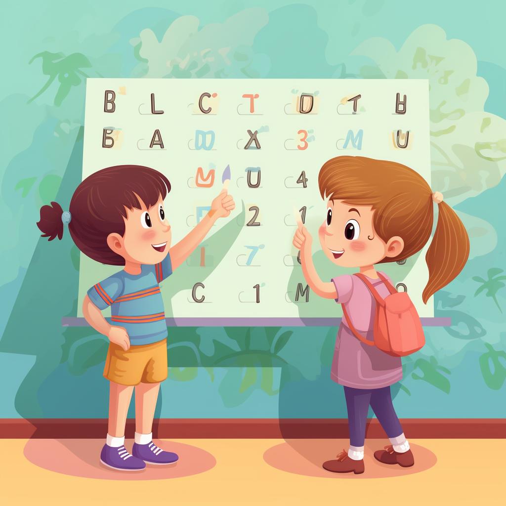 Children pointing at letters on the bulletin board