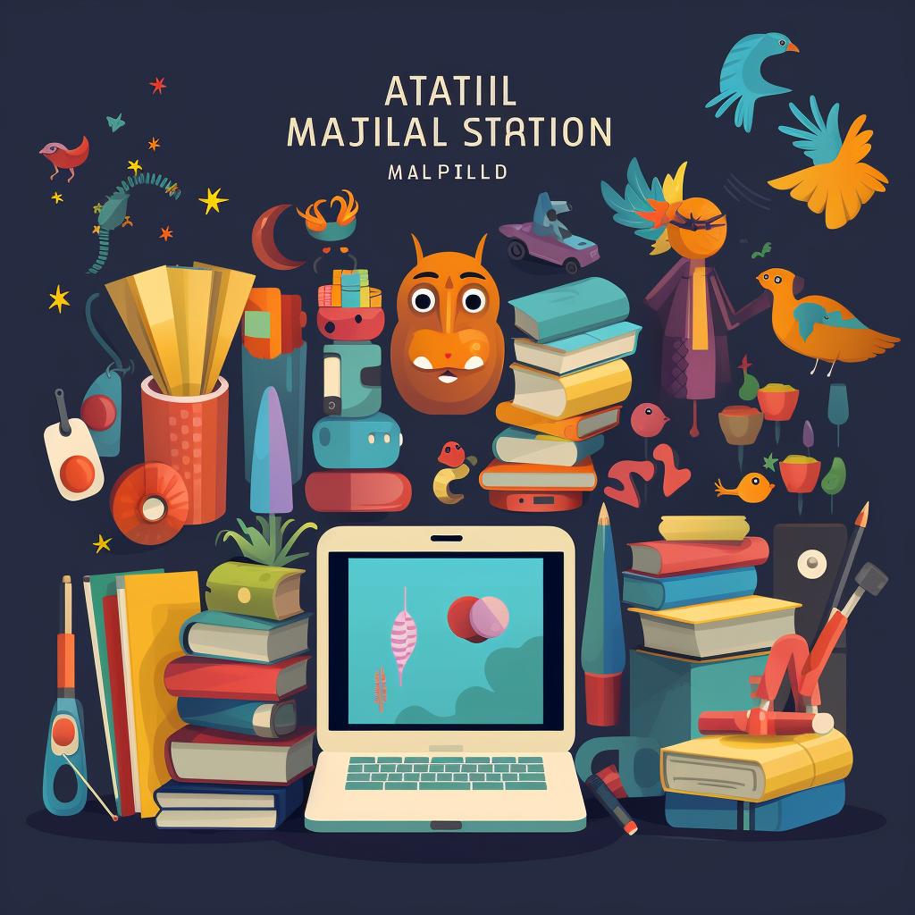 A collection of storytelling materials, including puppets, art supplies, and a tablet.