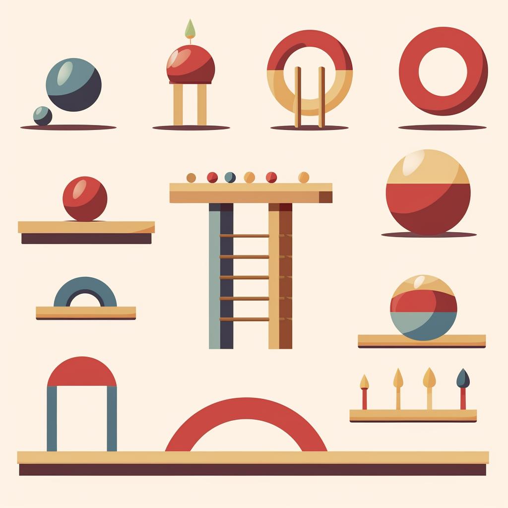 Items arranged in sequence to form an obstacle course.
